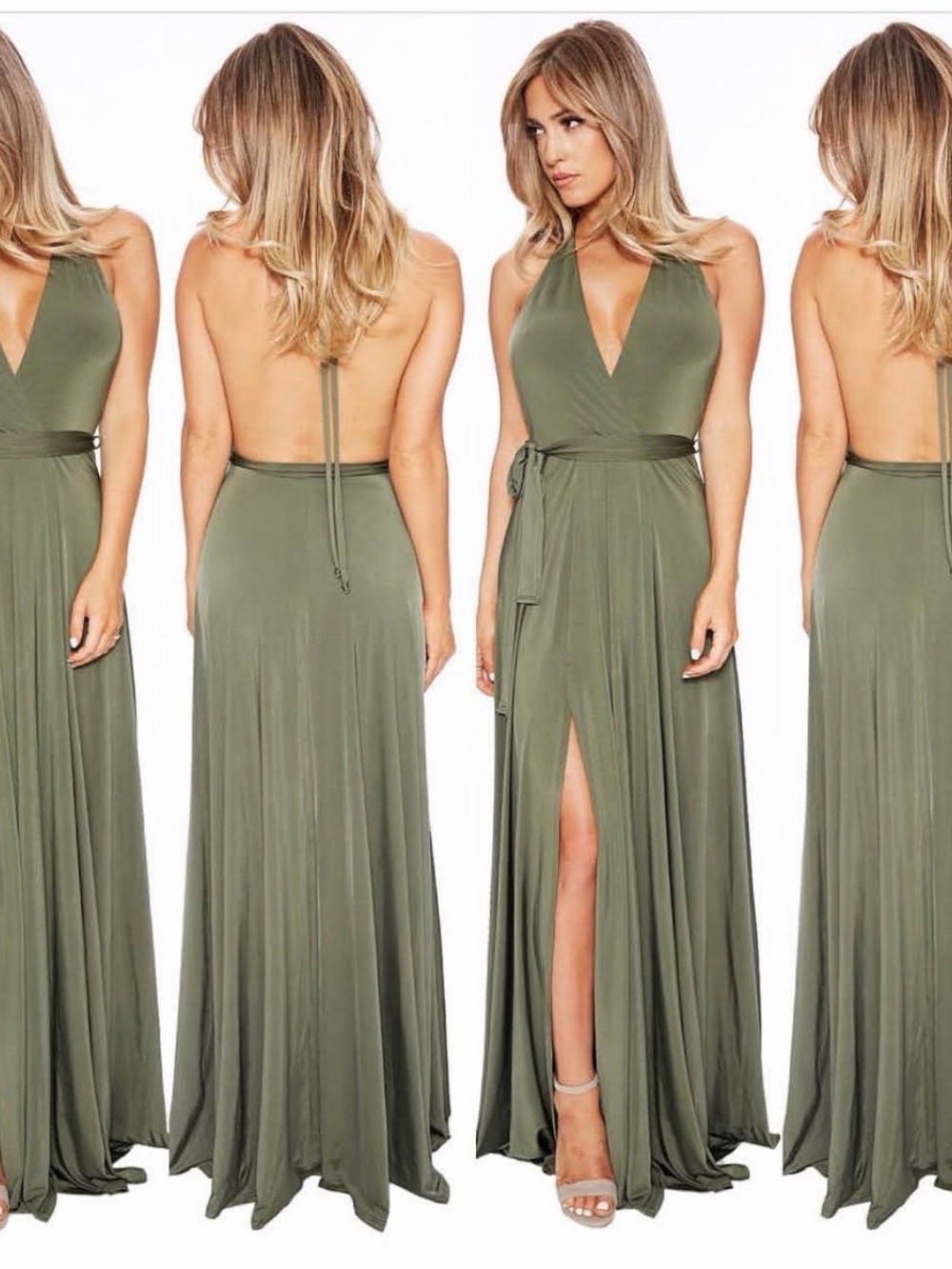 Naked Wardrobe Olive Green Halter V-Neck Maxi Dress with Front Slit